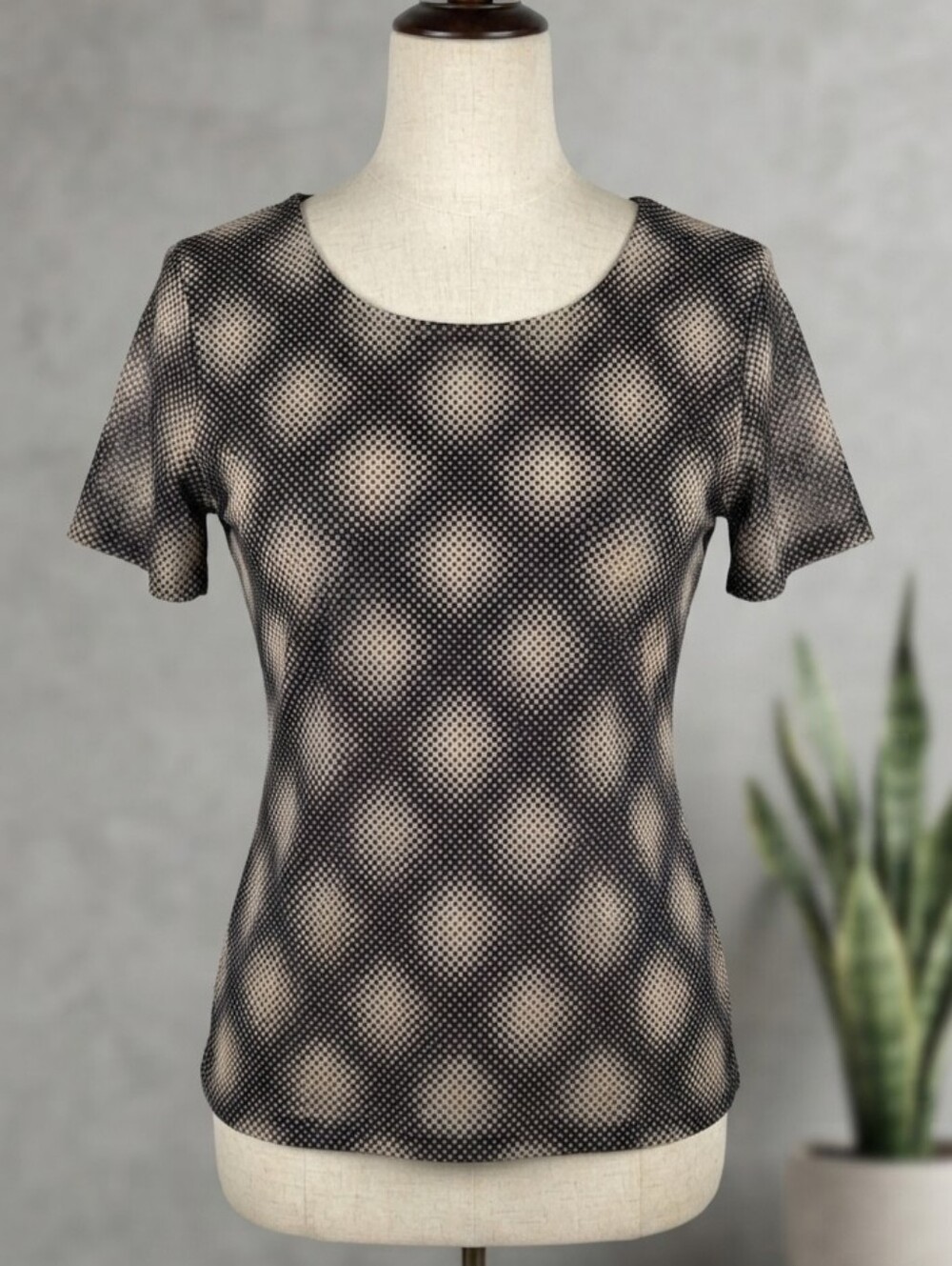 VTG Holographic Disco Mesh Top Trippy Windowpane Black & Biege Textured Blouse